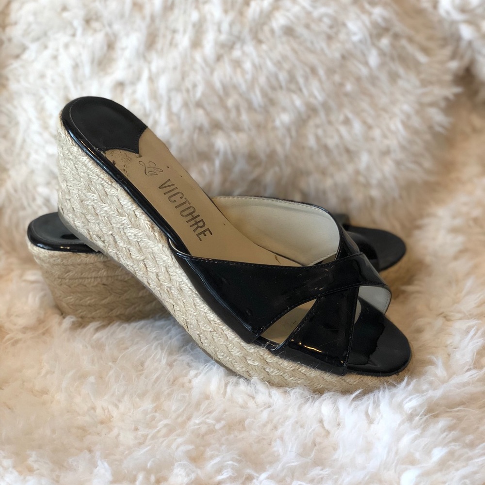 Pour La Victoire Patent Black Espadrille Wedges